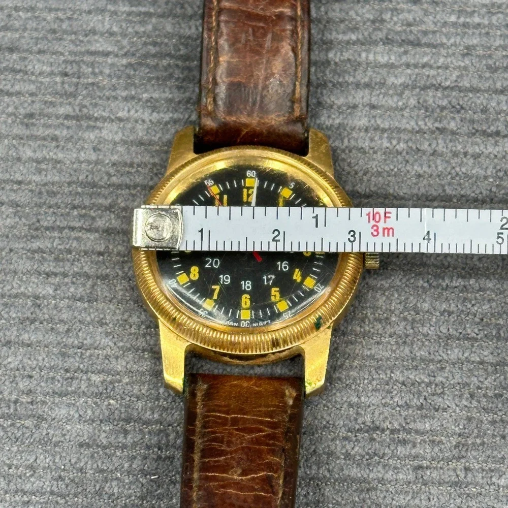 Vintage Military Field Watch Gold Tone Black Dial Japan Movt Brown Leather Strap